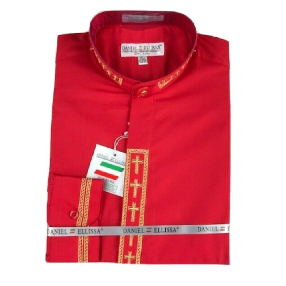 Daniel Ellissa Men Clergy Nehru Collar Shirt Red with Gold Embroidered Crosses